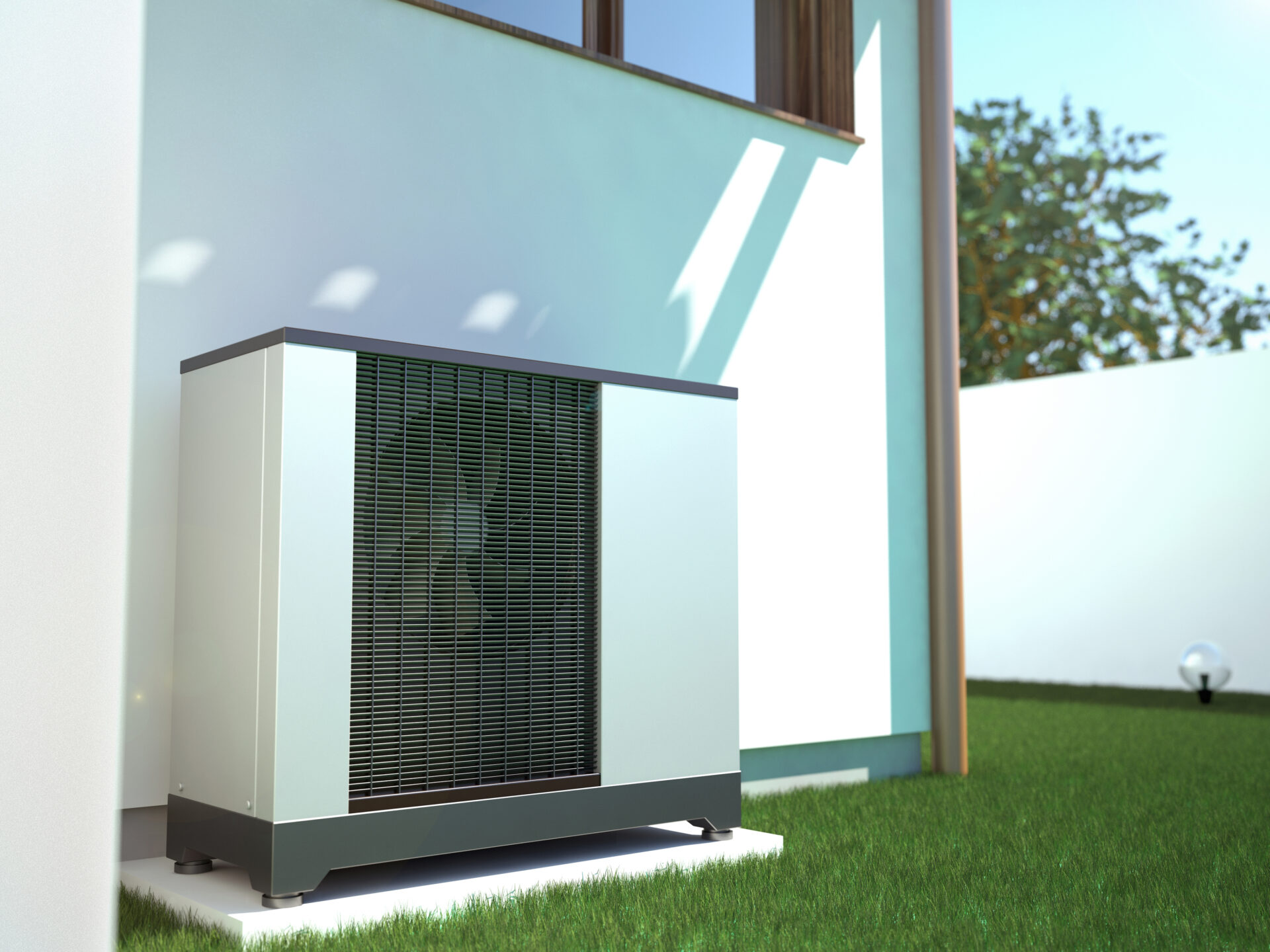 Air heat pump beside house, 3D illustration Enviro FWA
